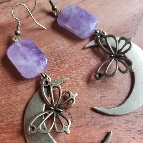 Amethyst Crystal + Rustic Crescent Moon + Butterfly Handmade Healing Earrings - Picture 3 of 5